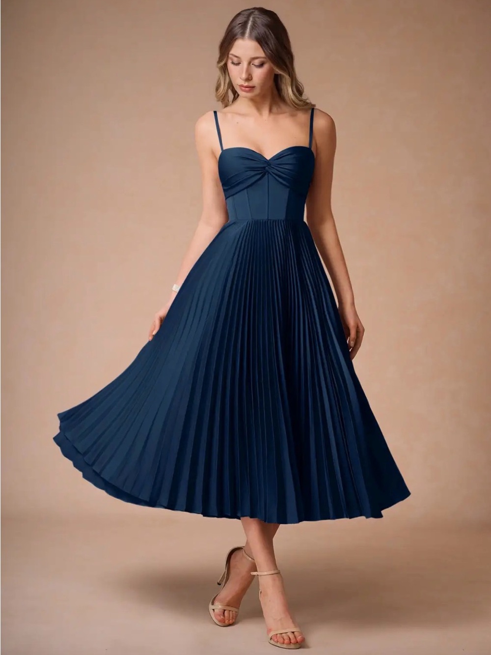 Azazie Atelier Lena Navy Spaghetti Strap Pleated Midi Dress